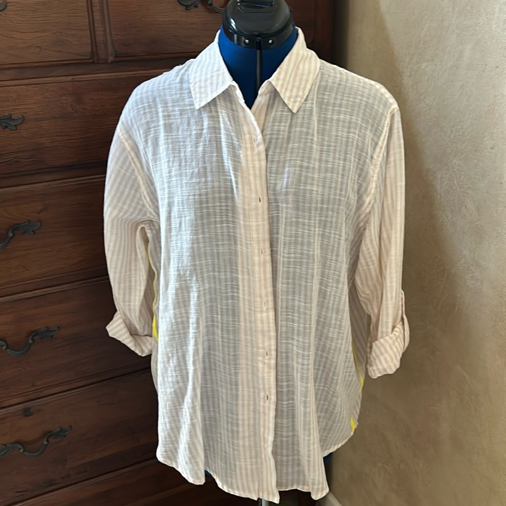 Sundry for Evereve tan striped oversize blouse with yellow piping.